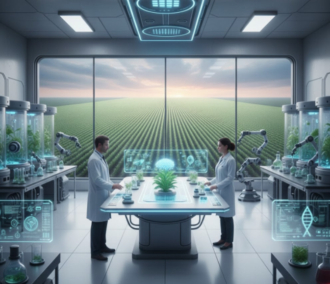 Рис. 7. Селекция сейчас позволяет проводить тысячи экспериментов в реальном времени значительно сокращая временные и производственные затраты, помогая селекционерам оценивать риски при высадке сельхозкультур по разным регионам. (Источник: Изображение генерировано ИИ) 